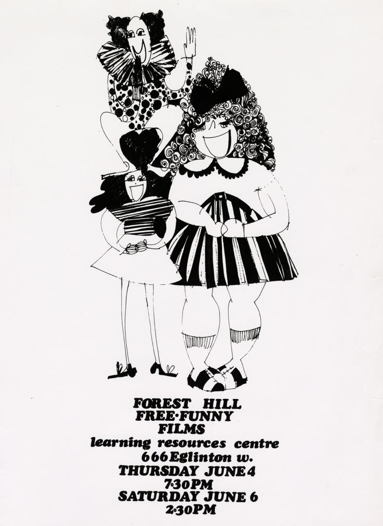 Poster with illustration of three figures drawn in black and white. 