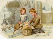 Two children kneel by a hearth. A kettle sits on the fire and the girl holds a bellows in her h ...