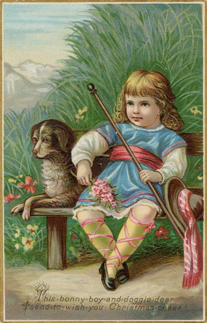 A boy dressed in bright blue clothes and pink ribbons sits on a bench next to a brown dog. In t ...