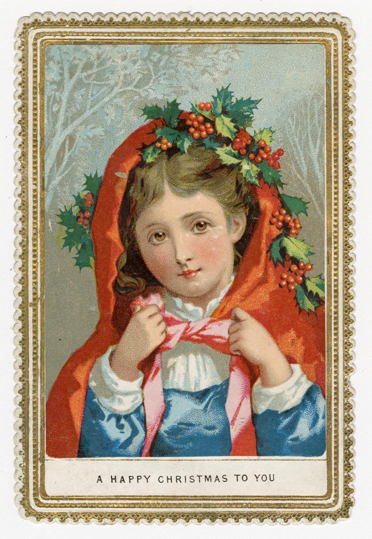 The card shows a portrait of a girl in a blue dress with a red cloak. Her hood is up and it is  ...