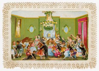 The card pictures a large fancy room with green wallpaper, pink curtains, an extravagant chande ...