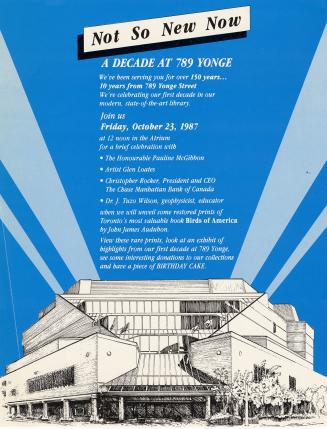 Blue and white flier with picture of Toronto Reference Library and schedule of an event. 