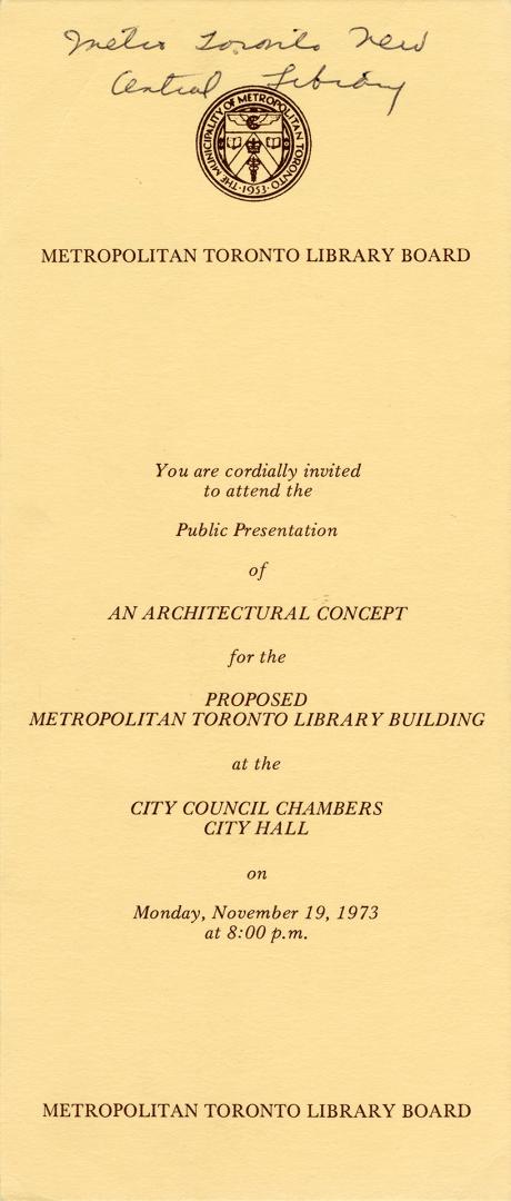 Invitation to public presentation of proposed library building on yellow paper. 