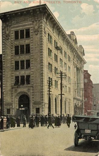 Colour photo postcard of Bay Street looking south, with The Bank of Commerce building, pedestri ...