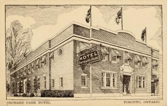 Black and white drawing of a two story, brick hotel building.