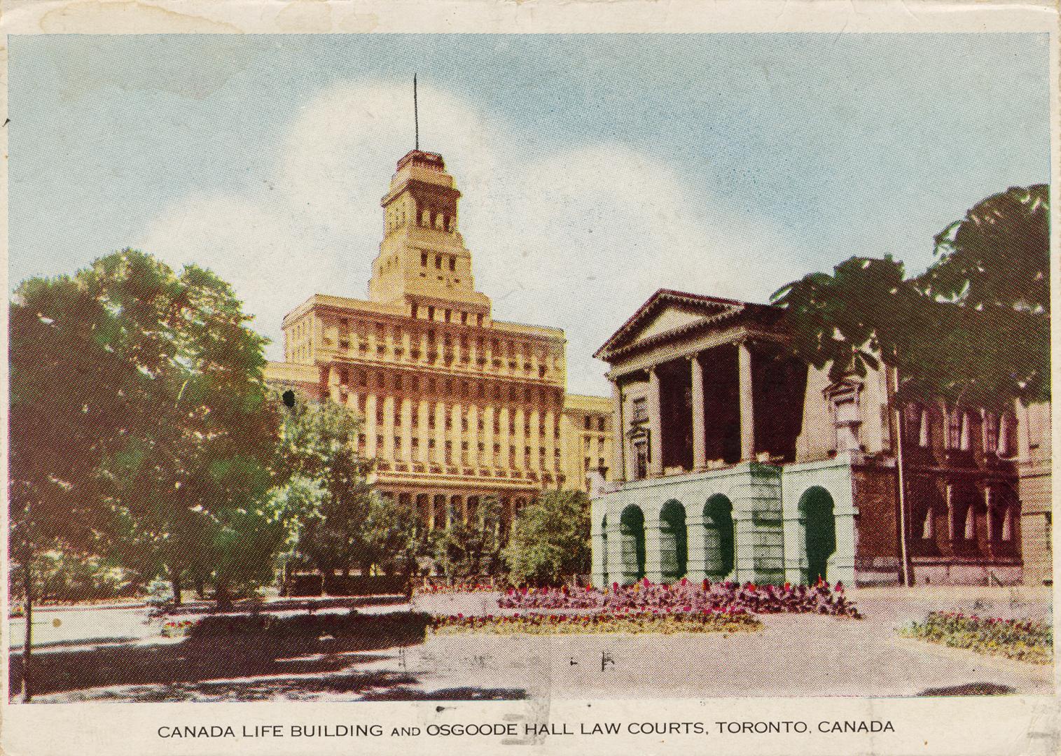 Colorized photograph of two very large public buildings.