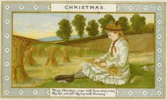 A girl in a white dress is pictured in the foreground of a sweeping pastoral scene. She is sitt ...