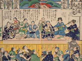 Japanese print of dodoitsu ballad singers, "The group of the popular Tengu-Ren", performing wit ...