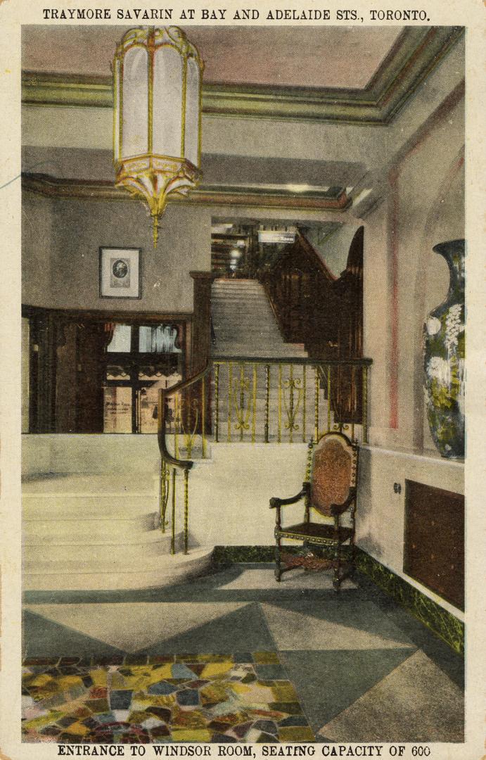 Colour photo postcard depicting the staired entrance to a large meeting room. The caption state ...