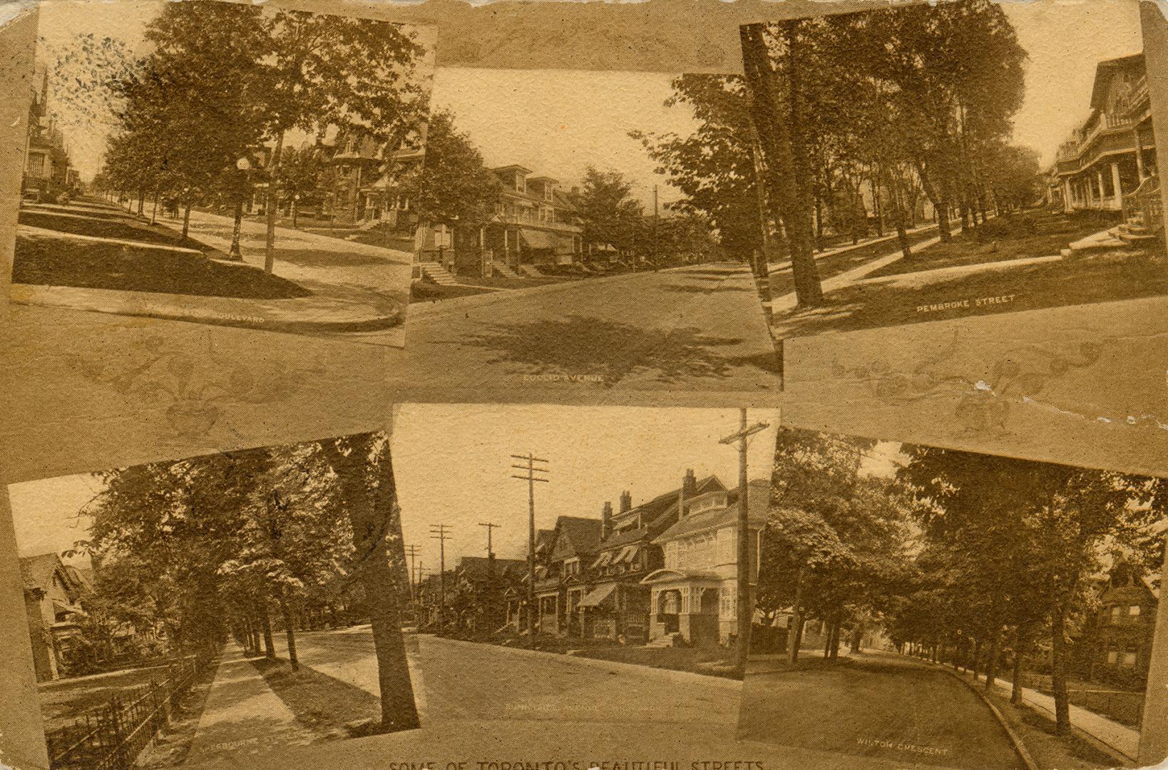 Sepia-toned photo postcard depicting a montage of six different residential streets in Toronto  ...