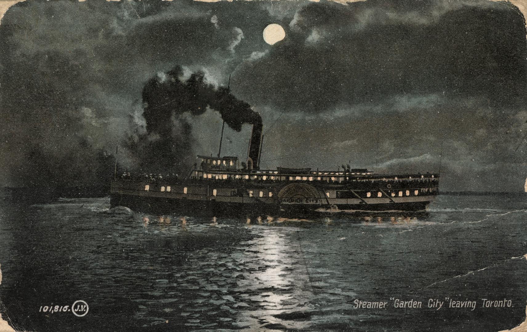 Colorized photograph of a large steamship on the open water at night.