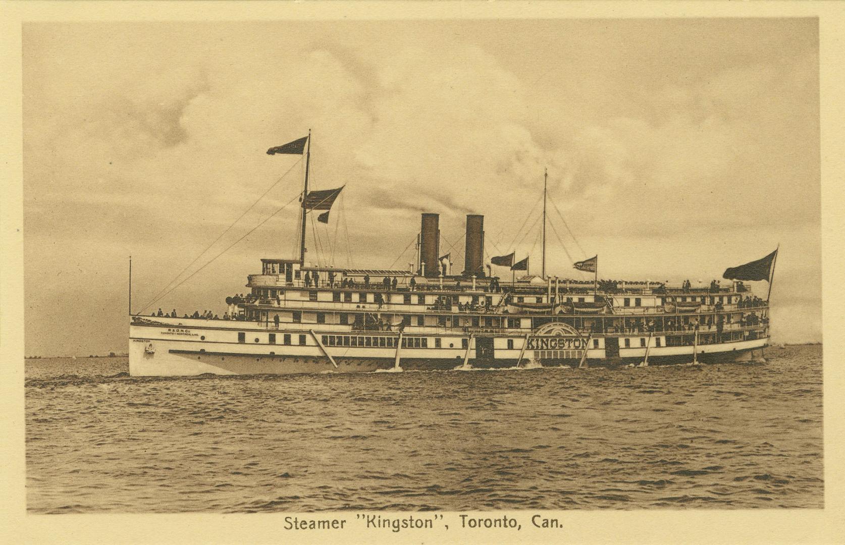 Sepia toned photograph of a large steamship on the open water.