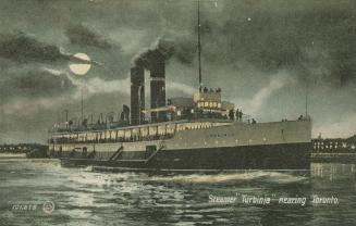 Colorized photograph of a large steamship on the open water at night.