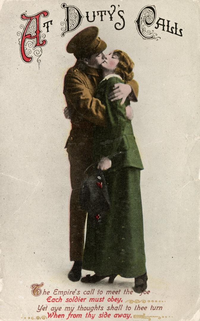 Photograph of a man with his arms around a woman about to kiss her.