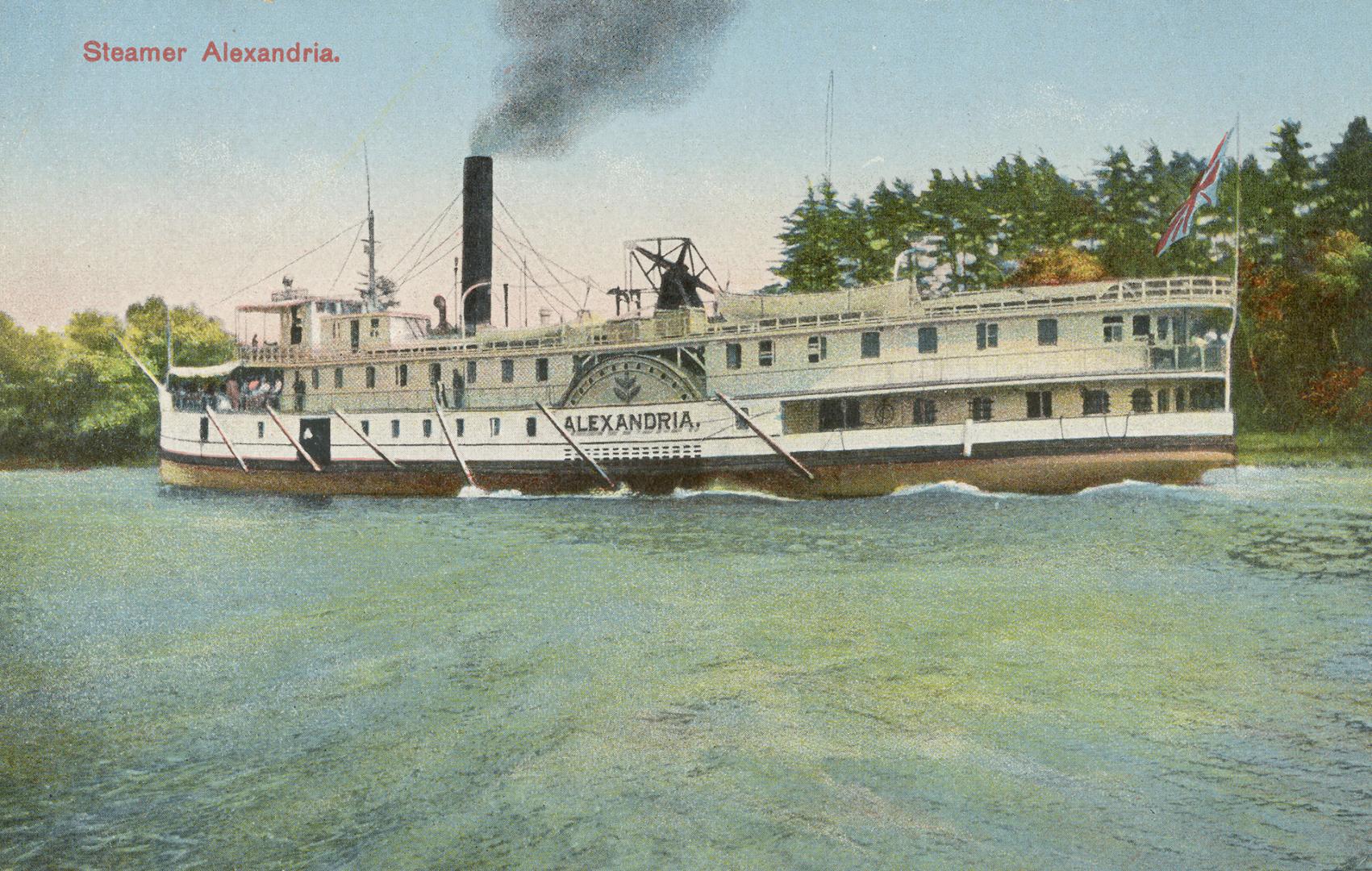 Colorized photograph of a large steamship on the open water.