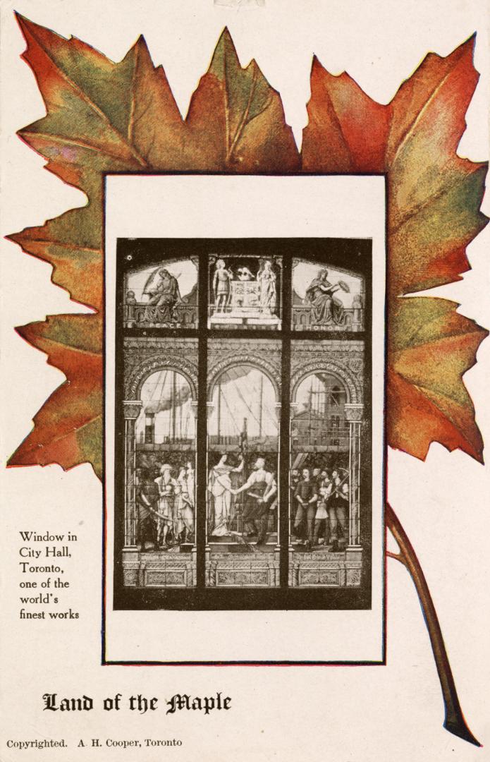 Black and white photograph of a six paned stained glass window, superimposed on a red maple lea ...