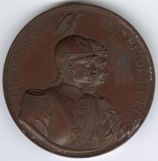 Bronze medal.(obverse) Busts to right of H.I.M. the German Emperor, in the uniform of the Garde ...