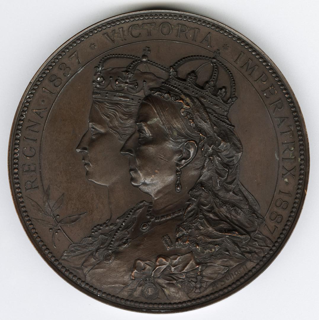 Bronze medal.(obverse) Conjoined profile busts of Queen Victoria, crowned, representing her acc ...