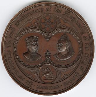 Bronze medal.(obverse) Busts crowned and draped of Richard I 1180 and Victoria 1889, facing tow ...