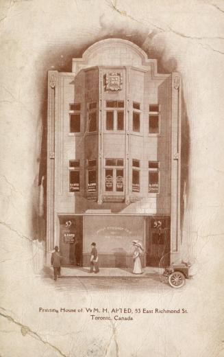 Sepia-toned postcard depicting the exterior frontage of a three-story building with pedestrians ...