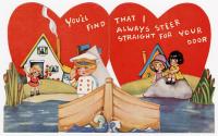 A pop-up card. Two red hearts serve as a background. A scene in the foreground shows a boat and ...