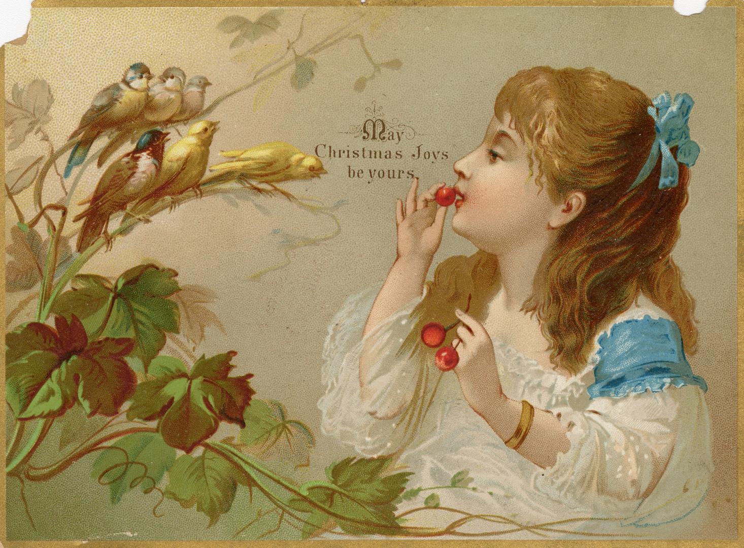 Pictured is a girl in a white dress with a bright blue bow in her hair. She is eating cherries  ...