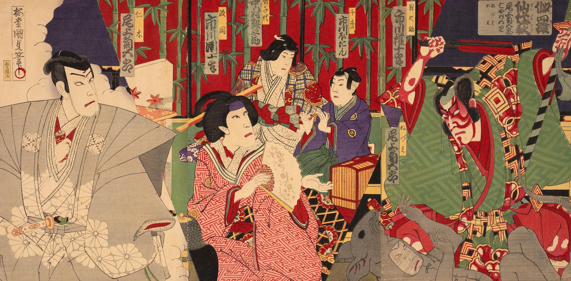 Japanese print of scenes from the Kabuki play "Meiboku Sendai Hagi" (polychrome)