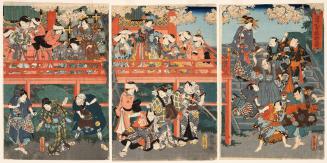 Japanese print of actors depicting various roles viewing cherry blossoms at Kiyomizu Temple (po ...