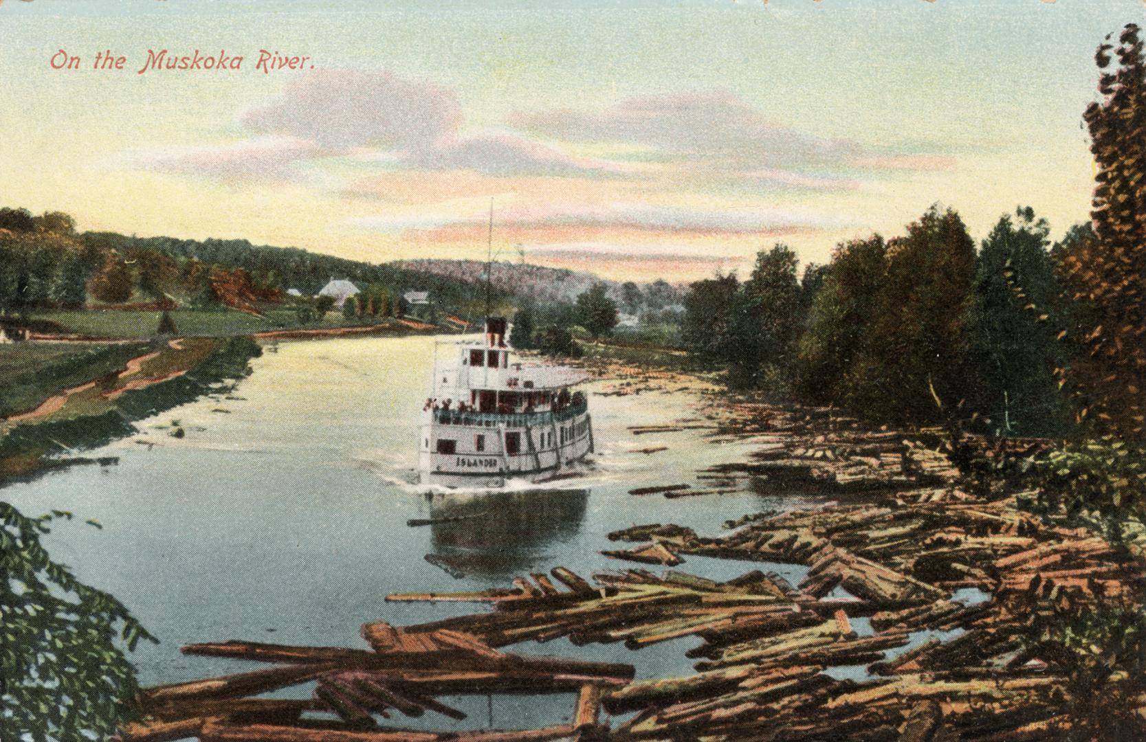 Color drawing of a large steamship on open water with forested islands in the background.