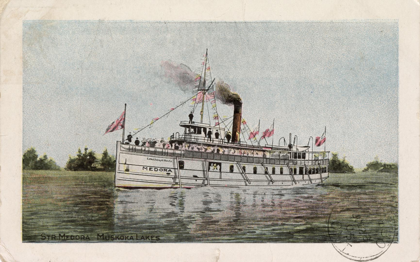 Color drawing of a large steamship on open water with forested islands in the background.