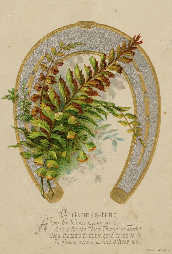 Ferns and other foliage are pictured in front of a gold and silver horseshoe. A rhyming verse i ...