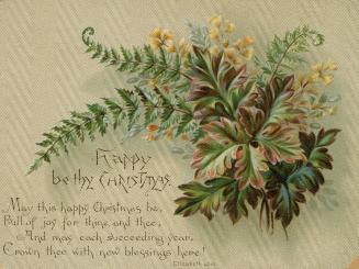 Ferns and other foliage are pictured on the right. A green-gold background is behind them and a ...