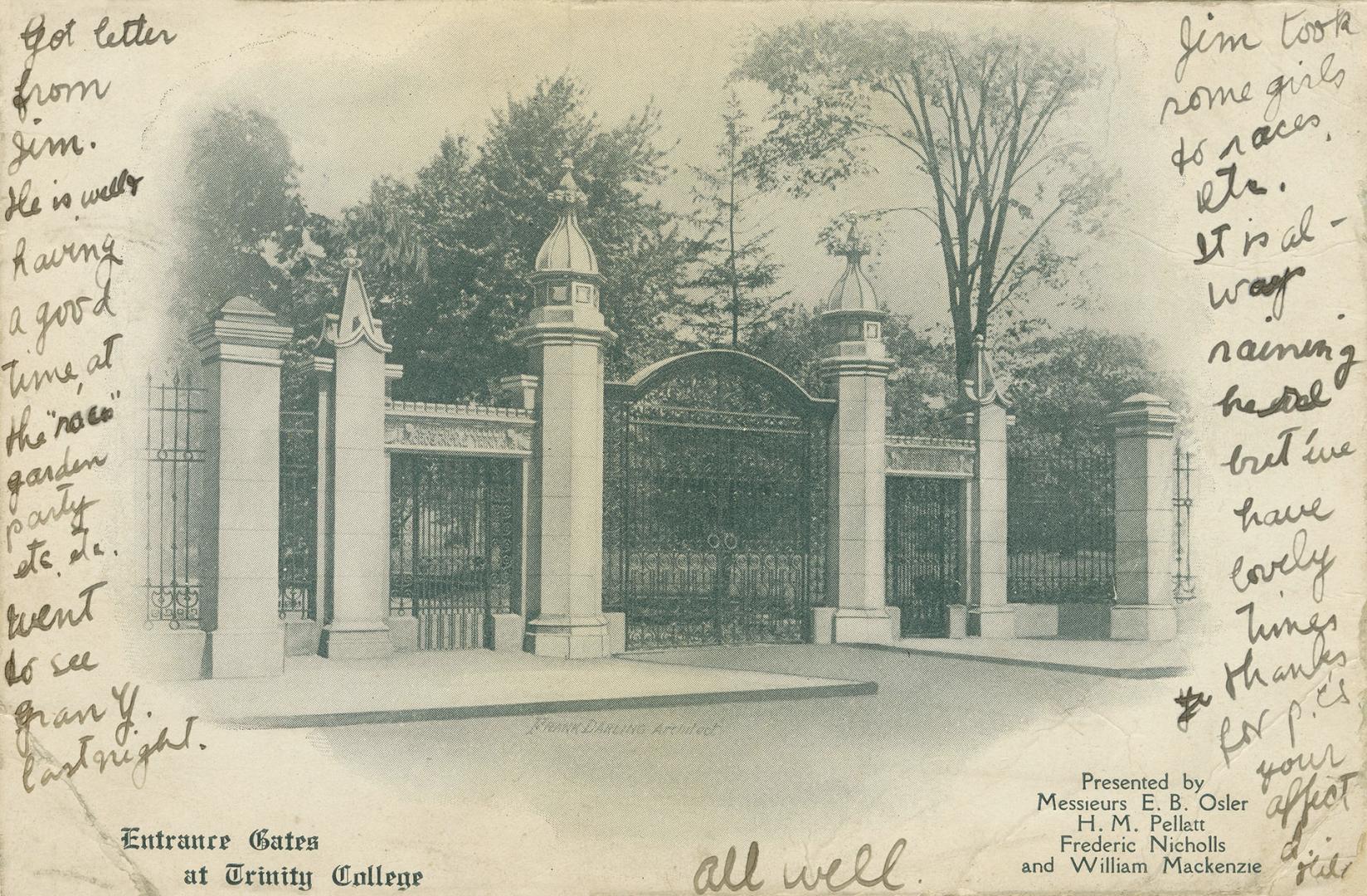 Black and white photograph of an elaborate, wrought iron gate.