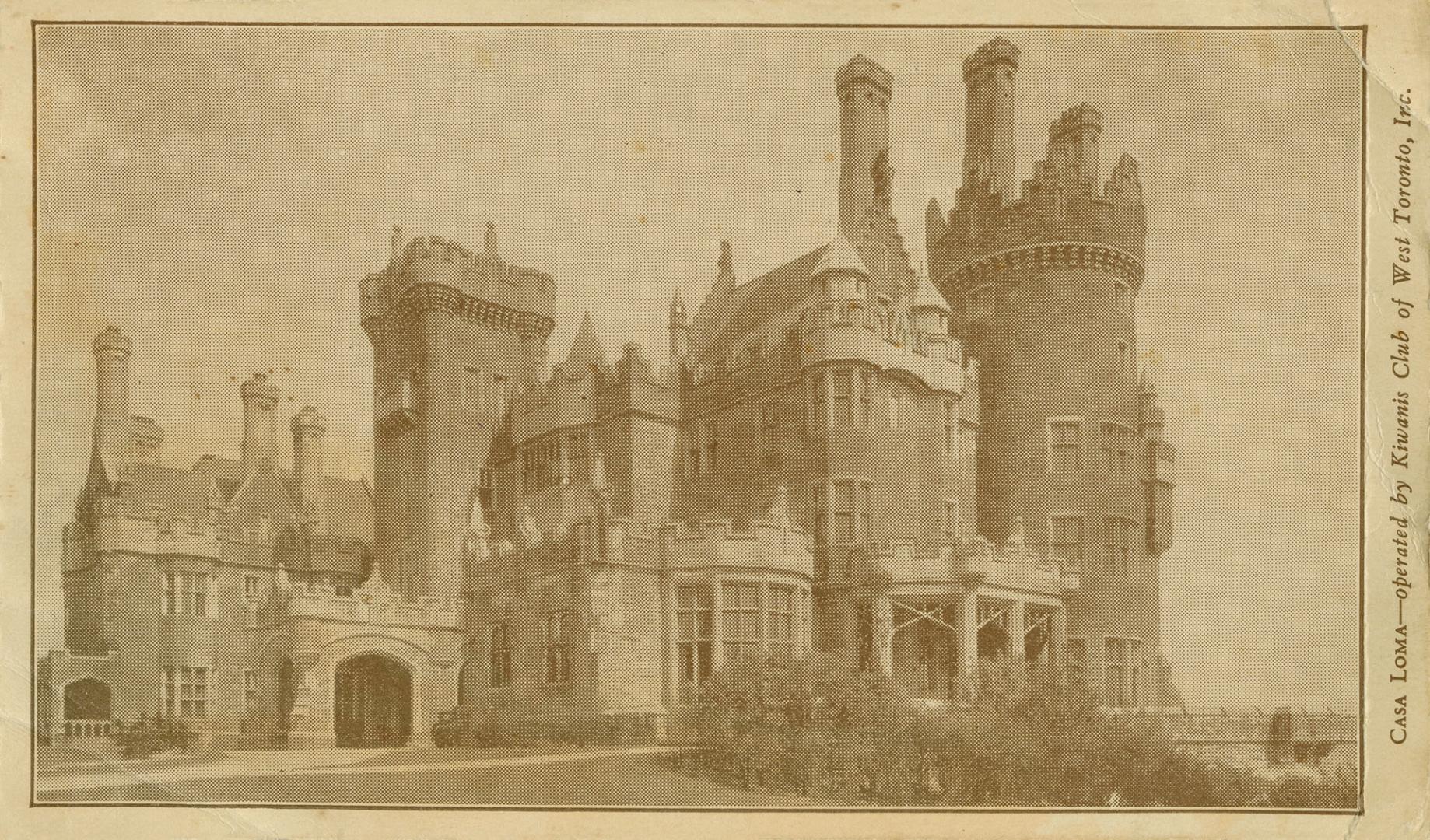 Sepia toned photograph of a castle with turrets.