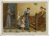 A large foyer is pictured. A woman holds the front door open and another woman and two girls wa ...