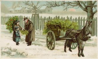 A wintery village is pictured. A donkey pulls a cart of green plants along a snowy path. The ow ...