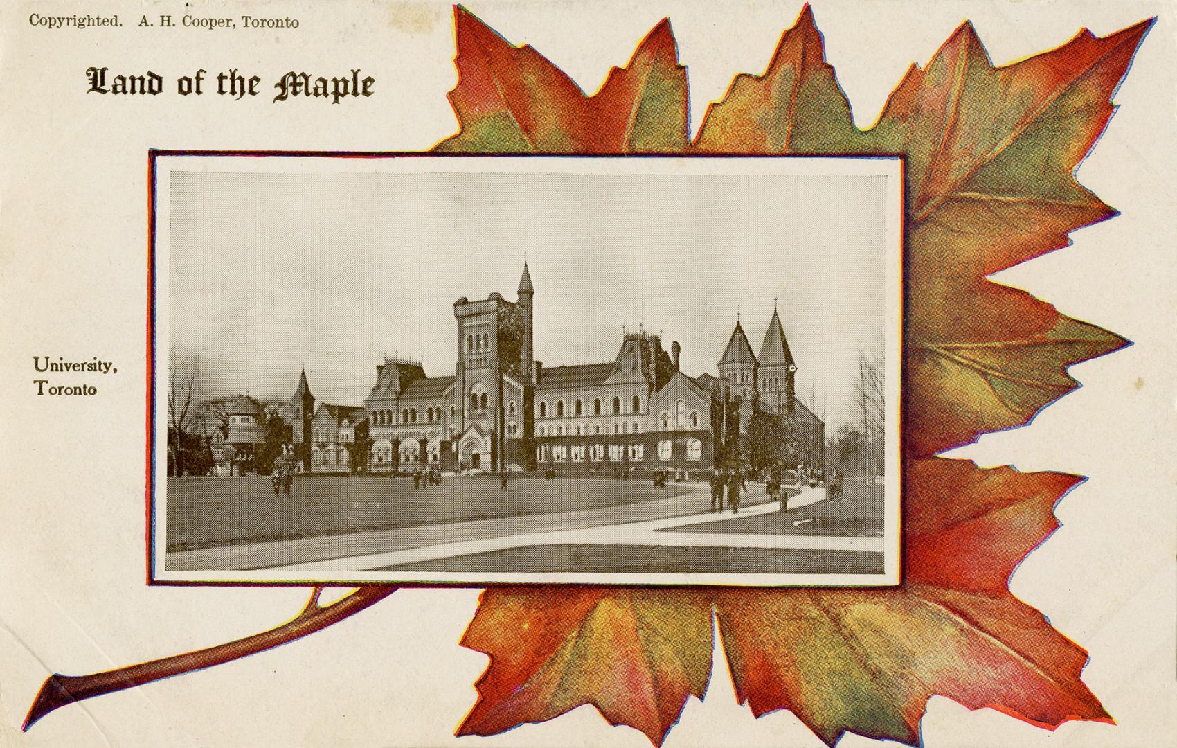 Black and white photograph of a large, stone building in the Romanesque Revival style superimpo ...