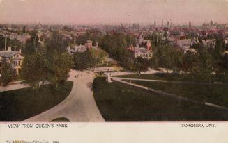 Colorized photograph of a large city taken from the air.