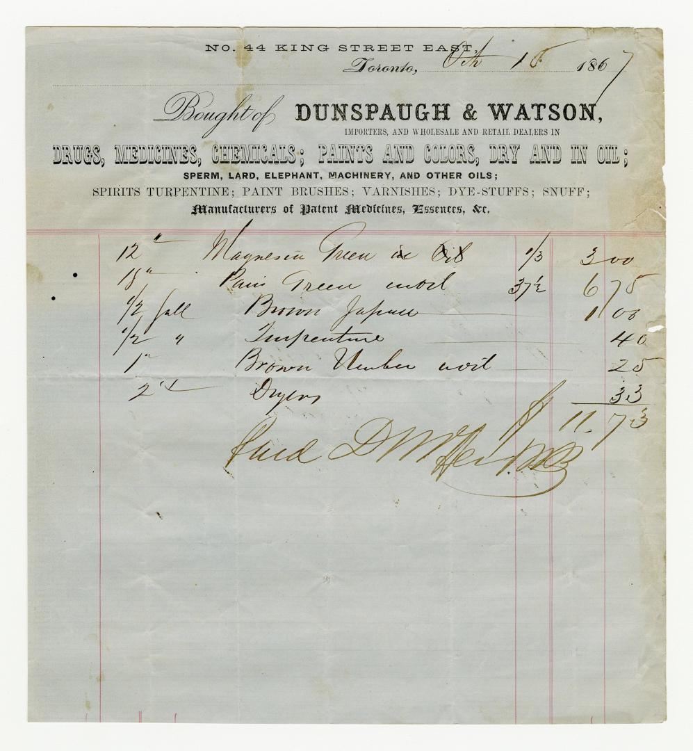 Bought of Dunspaugh & Watson, importers and wholesale and retail dealers in drugs, medicines, chemicals; paints and colours, dry and in oil; sperm, lard, elephant, machinery, and other oils; spirits turpentine; paint brushes; varnishes; dye-stuffs; snuff; manufacturers of patent medicines, essences &c. 