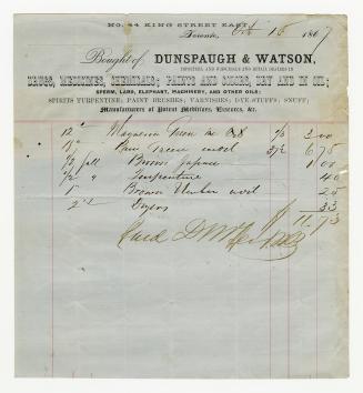 Bought of Dunspaugh & Watson, importers and wholesale and retail dealers in drugs, medicines, chemicals; paints and colours, dry and in oil; sperm, lard, elephant, machinery, and other oils; spirits turpentine; paint brushes; varnishes; dye-stuffs; snuff; manufacturers of patent medicines, essences &c. 