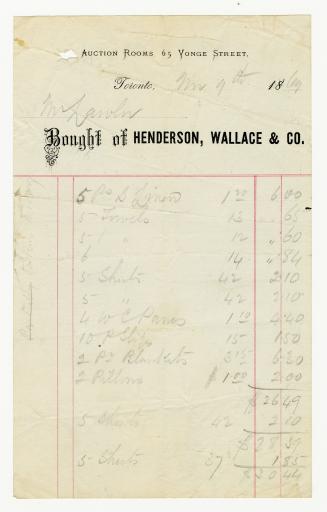 Auction Rooms 65 Yonge Street, Bought of Henderson, Wallace & Co. 