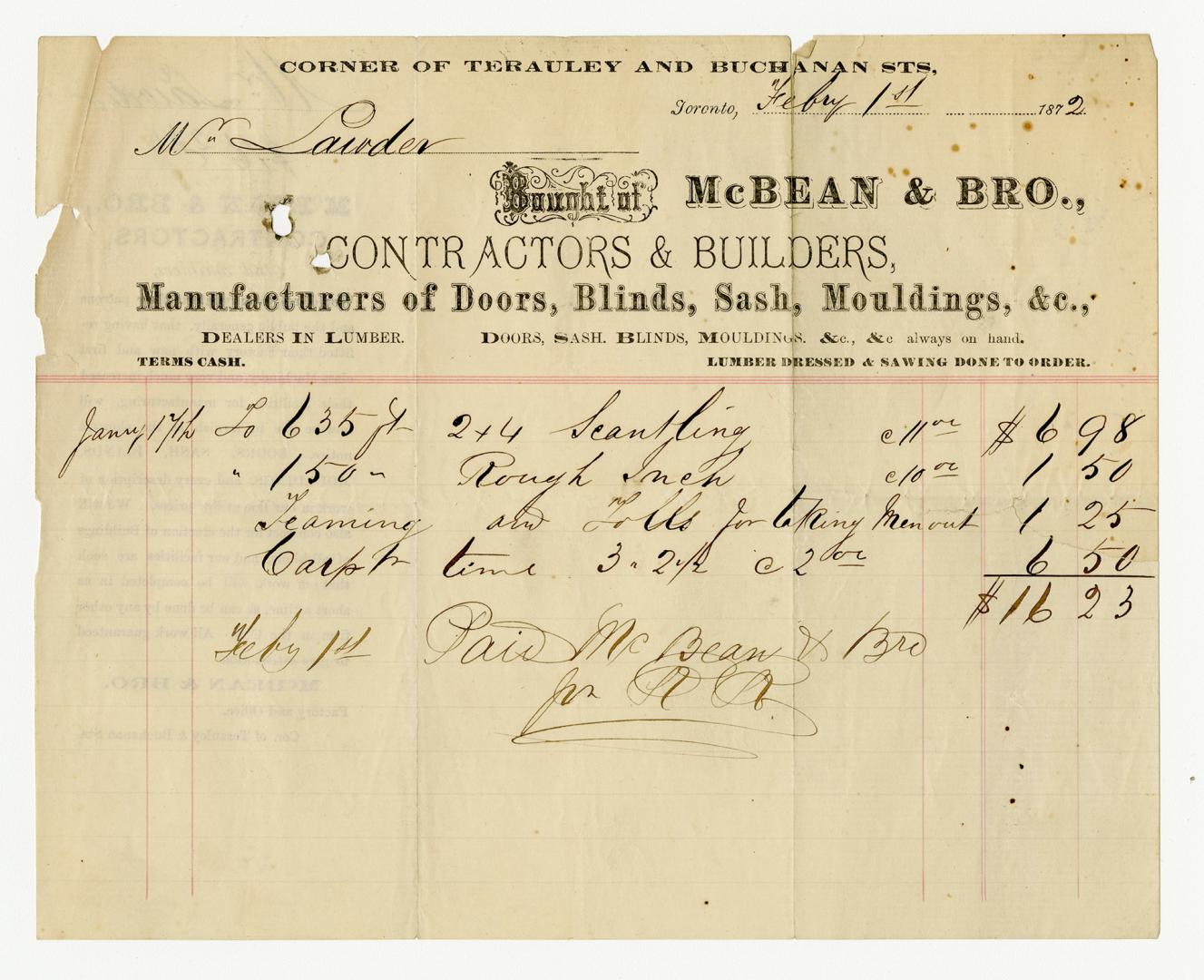 Bought of McBean & Bro. contractors & builders, manufacturers of doors, blinds, sash, mouldings, &c. dealers in lumber