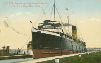 Colorized photograph of large boat at the top of a lock.