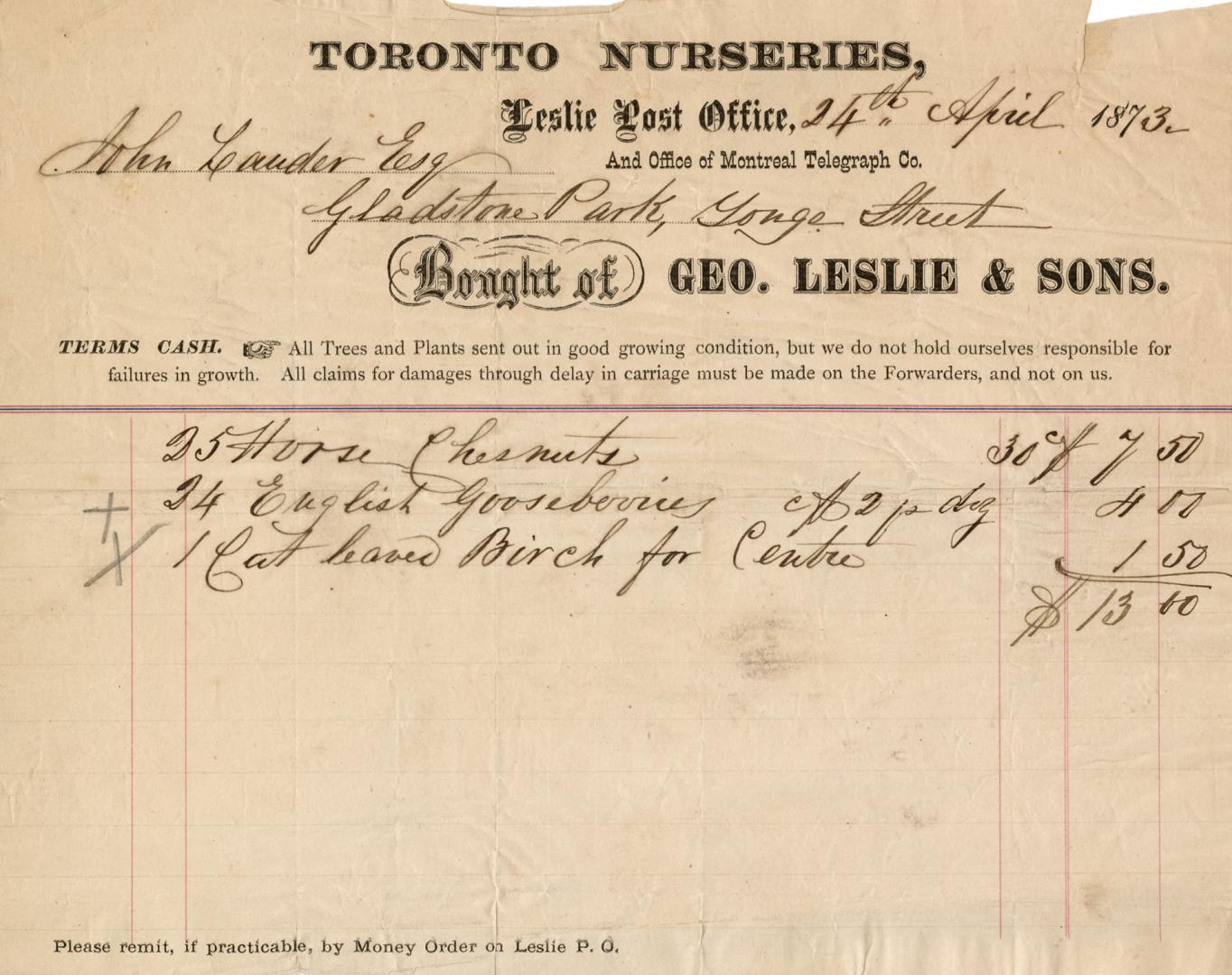 Toronto Nurseries, bought of Geo. Leslie & Sons