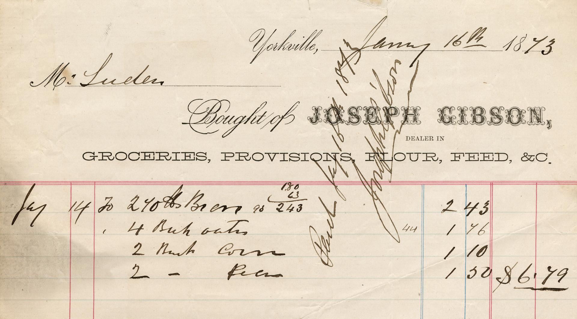 Bought of Joseph Gibson, groceries, provisions, flour, feed, &c.  