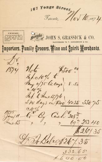 Bought of John S. Grassick & Co. successors to T. Hornibrook & Co. importers, family grocers, wine & spirits merchants