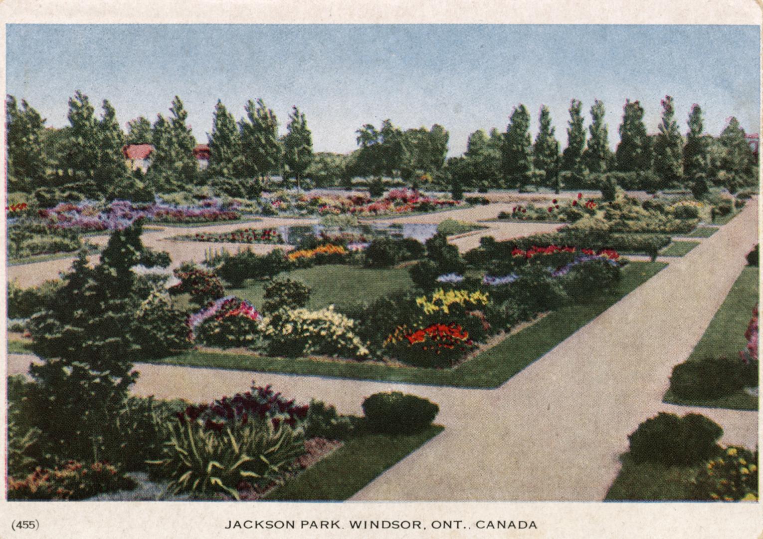 Colorized photograph of a well manicured city garden.