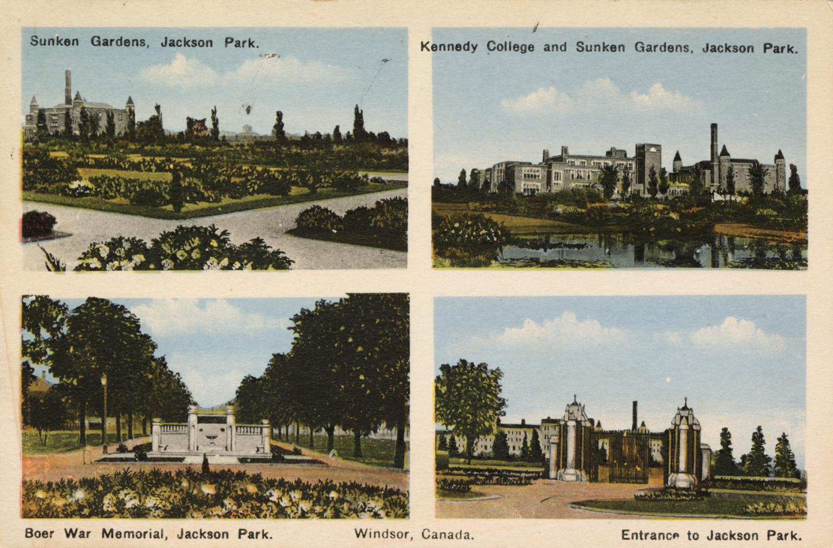 Colorized photograph of a four different views of gardens and parks.