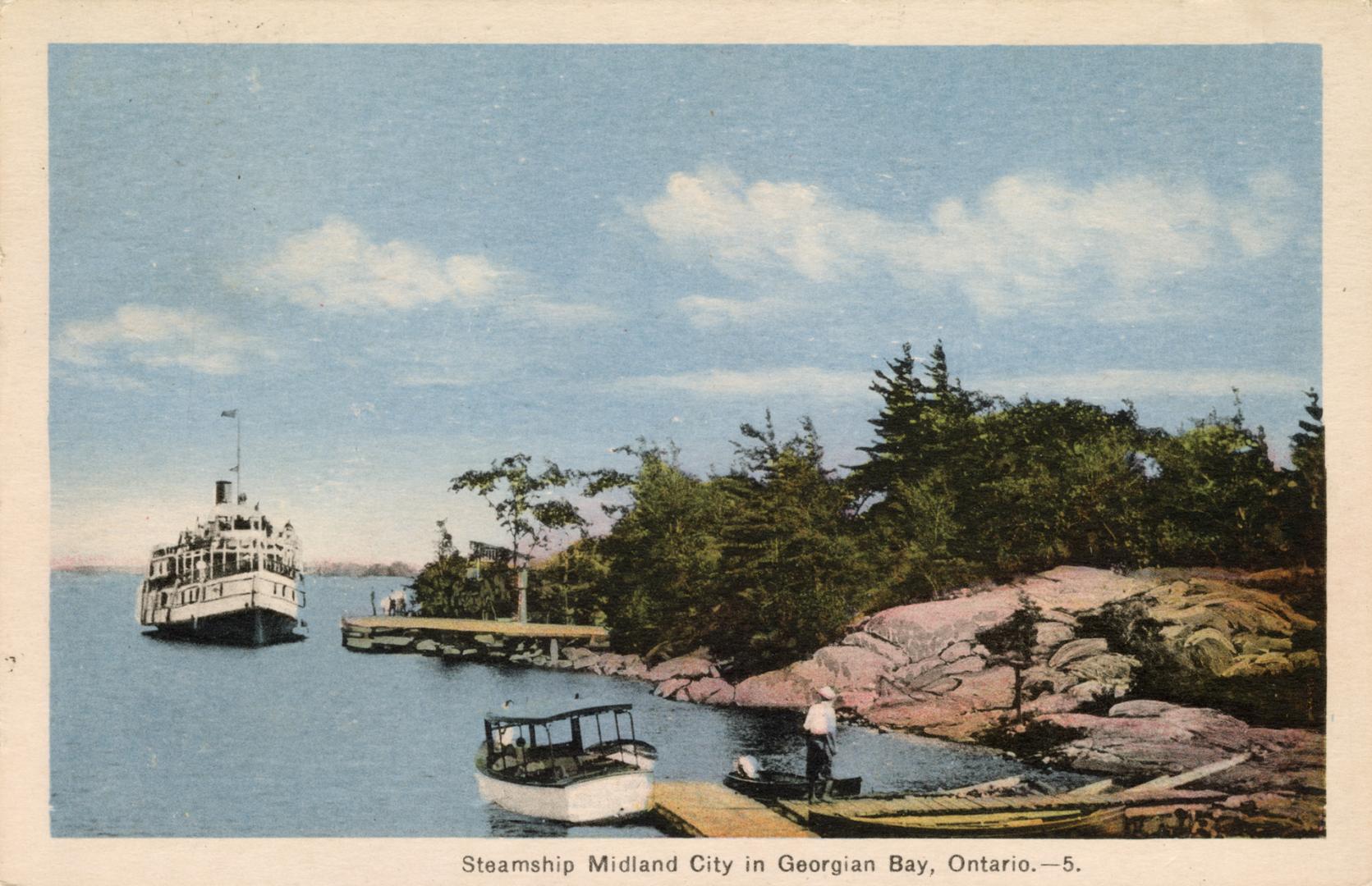 Colorized photograph of steamship pulling up to a dock in a rocky and wooded area.