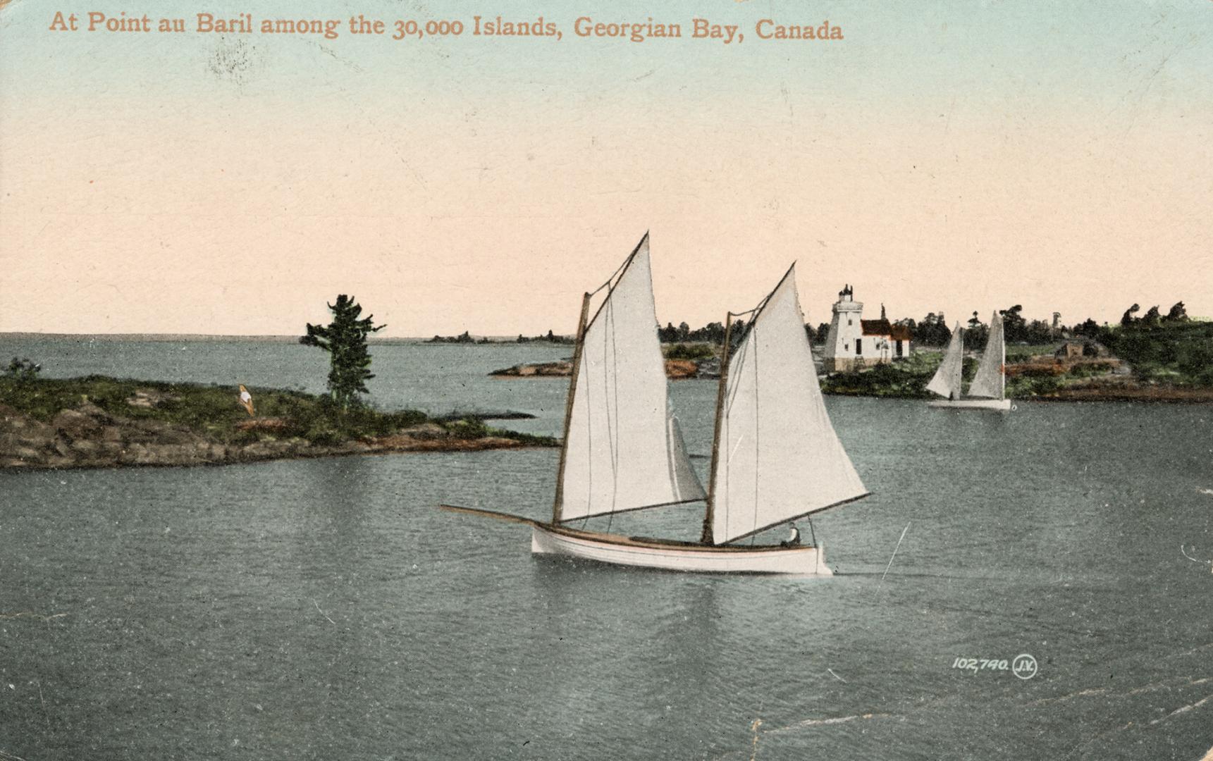 Colorized photograph of two sailboats in water in a rocky and wooded area.